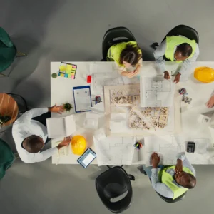 Employees collaborating in a meeting.